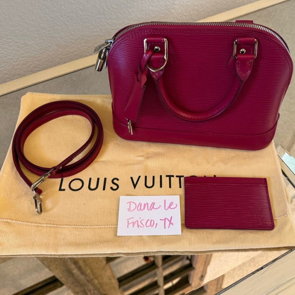 LOUIS VUITTON Alma BB Dark Pink Fushia Handbag Purse + Card Case + Strap
